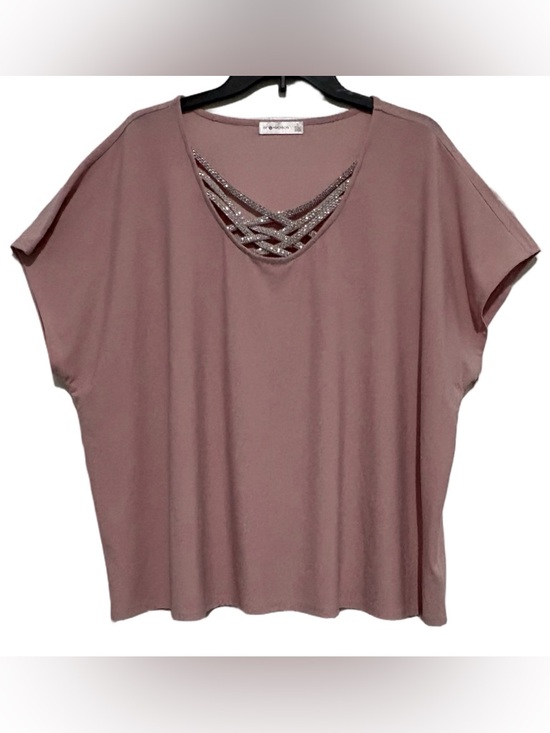 89th & Madison Tops - 89th & Madison Pink Short Sleeve Top with Crisscross Embellished V-Neck